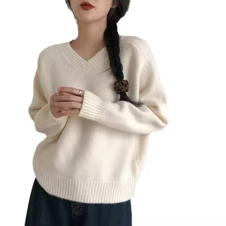 Otoño/Invierno nuevo suéter de mujer con cuello en V Jersey de punto de lana pura Tops gruesos Casual suelta moda coreana - 1