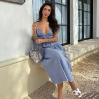2025 Vestido de traje de las mujeres del verano, escote sin espalda vestido de tirantes, sin mangas, a cuadros - details 5