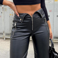 BUNO-pantalones ajustados de cuero PU con cremallera para mujer, ropa de calle informal Y2K para fiesta, pantalones de pierna recta de cintura alta, pantalones elegantes góticos 2025 - details 9