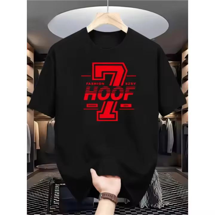 Moda Casual MasculinaTCamiseta - "7 Hoof" Diseño de patrón，Colores rojo y blanco，Manga corta，Cuello redondo，Mezcla de poliéster ligera，Perfecto para usar en primavera, verano y otoño.，Ropa casual，Gráficos llamativosTCamiseta，Ajuste cómodo - 1