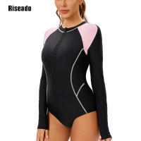 Traje de baño de color degradado de manga larga para mujer, protección UV, cremallera frontal, traje de baño de una pieza, ropa de playa - details 2