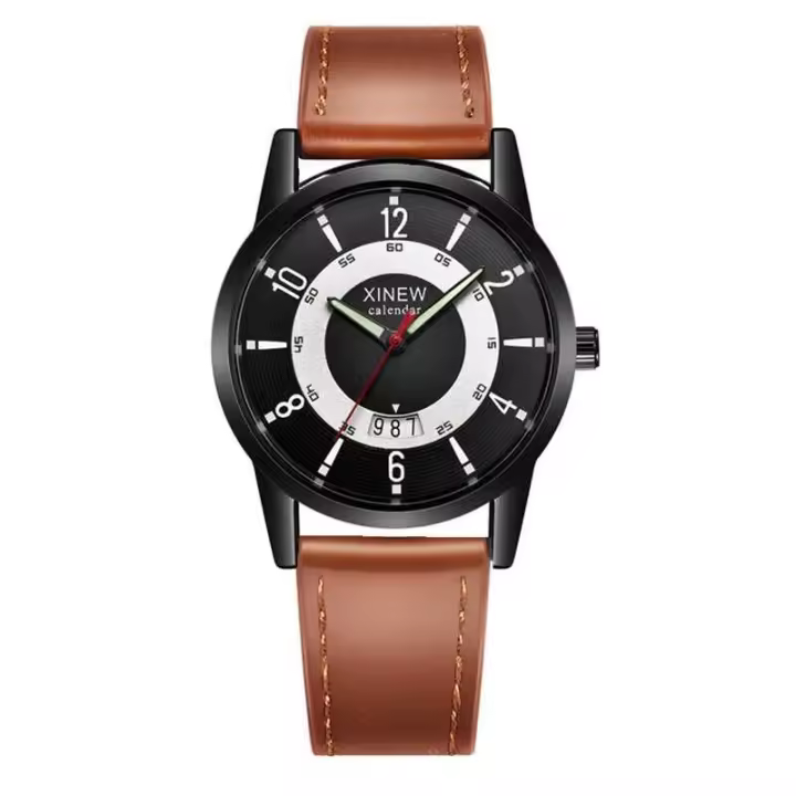 Relojes baratos de marca XINEW genuinos de lujo de primera calidad para niños, reloj de cuarzo con fecha y correa de Cuero Simple a la moda negra, reloj Erkek Barato Saat Relogio Masculino - 1
