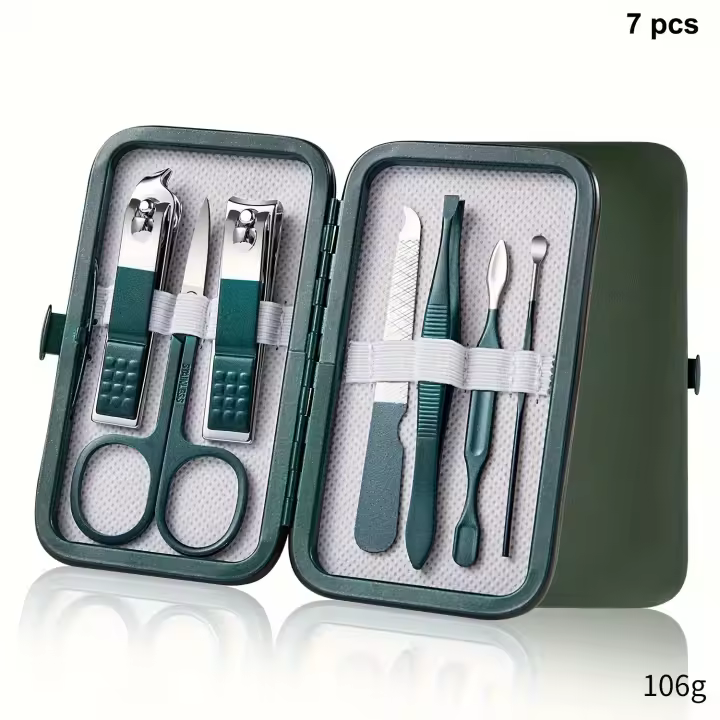 Juego de cortaúñas de acero inoxidable, herramientas de aseo con estuche portátil, herramienta de Arte de manicura verde, 7/10/12/18 piezas - 1