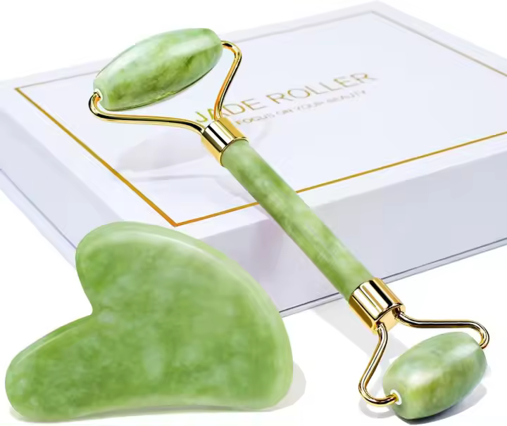 BAIMEI Gua Sha y Rodillo De Jade Tool, Masajeador Facial y De Cuello, Gua Sha Alivia, Calma y Relaja la Piel, Elimina la Hinchazón De Los Ojos - 1