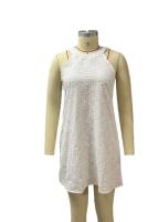 Nuevo vestido midi de mujer informal de verano de algodón y poliéster con cuello redondo y botones sin mangas de Color sólido de encaje - details 1