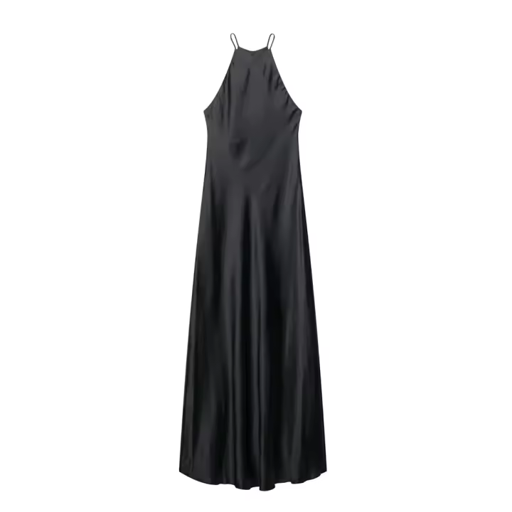 PB & ZA2025summer nuevo vestido de textura satinada con tirantes y falda hasta el suelo sin mangas con dobladillo suelto para mujer - 1
