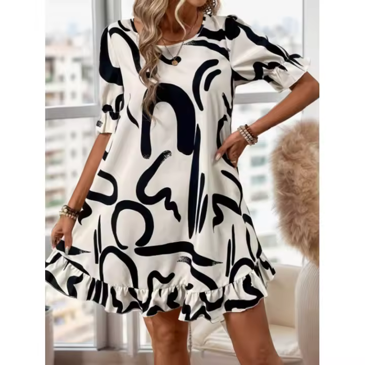 Vestido estampado de manga corta con cuello redondo Falda acampanada con volantes - 1