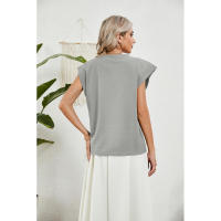 BUNO-2025 Tops para mujer, pantalón corto informal de moda de verano, camisetas básicas con textura a rayas de Color sólido y cuello redondo - details 30