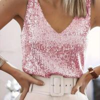 Camisetas sin mangas sexis con cuello en V profundo para mujer, jersey elegante sin mangas, monocromático, lentejuelas brillantes, blusas sueltas, moda, verano - details 5