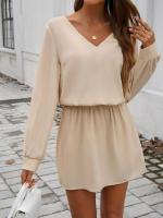 Minivestido informal de manga larga con cuello en V para mujer, color sólido, 2025 - details 18