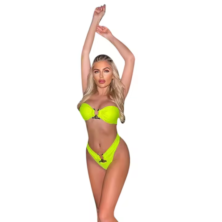 Conjunto de bikini de dos piezas sin tirantes sexy para mujer con traje de baño de cintura alta con lazo de metal push-up - 1