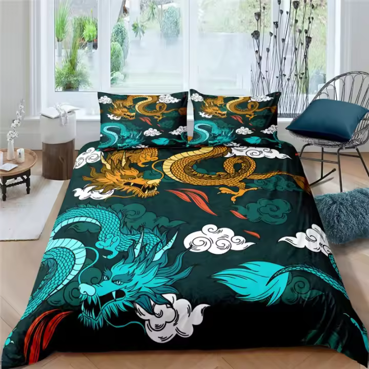 Juego de Ropa de Cama Exótica de Dragón Cubierta de Edredón de Poliéster Animal Mitológico Antiguo - 1