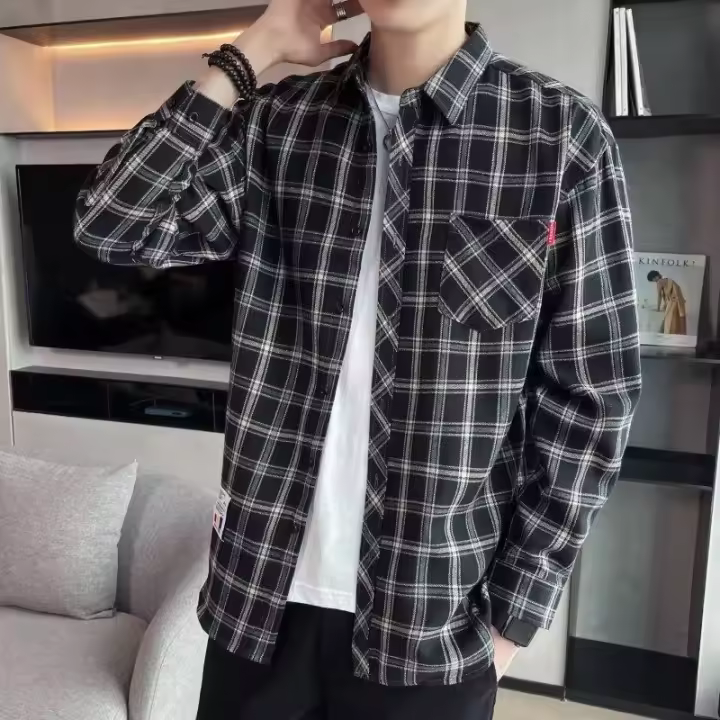 Camisa a Cuadros de Moda Estilo Casual de Hong Kong para Hombres Algodón - 1
