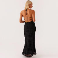 51618 Vestido largo de mujer sin espalda de tela plisada con personalidad nueva y transpirable con lazo de hoja de loto - details 17