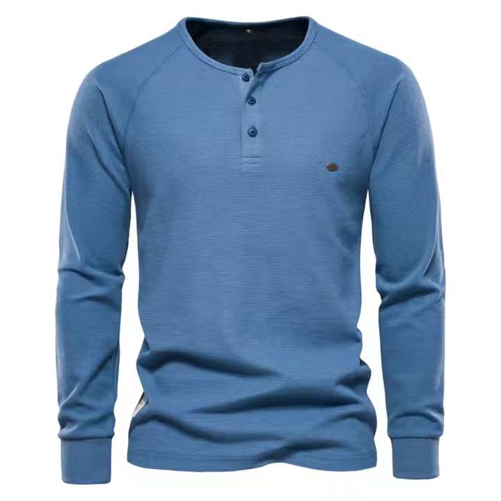 Camiseta AIOPESON Waffle Henley para hombre, camisetas básicas transpirables de manga larga para hombre, camisetas nuevas de otoño de Color sólido para hombre - 1
