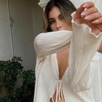 Camisas lisas plisadas para mujer, cárdigan acampanada de manga larga con cuello en V, Tops informales para fiesta y calle - details 1