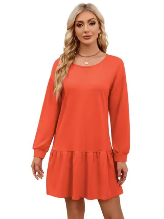 Vestido de manga larga para mujer, vestidos cortos sueltos de Color sólido, corte A, moda coreana, promoción completa, elegante - 1