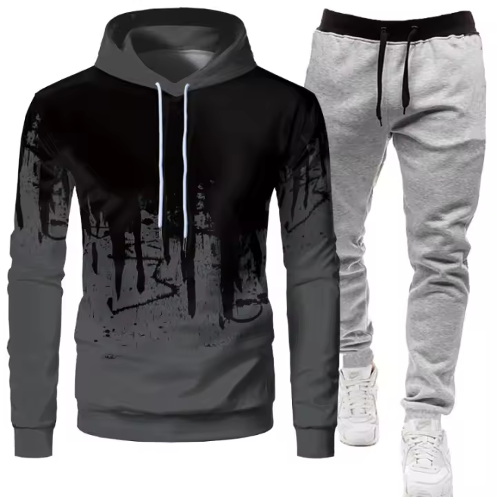 Pantalones de cintura elástica con capucha para hombre, chaqueta informal de dos piezas, sudadera de moda para hombre, otoño y - 1