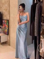 Novedad de verano, diseño de noche de banquete para ocasiones formales francesas con cintura ceñida, vestido con tirantes azules para mujer 4178 - details 1