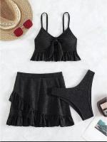 Conjunto de Bikini liso para mujer, bañador Sexy de malla de cintura alta, estilo playero, traje de baño de 3 piezas con volantes para verano, 2023 - details 20