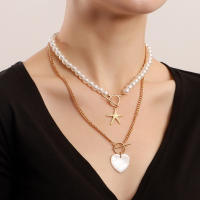 Joyería de moda de doble capa de estrella de mar amor collar de madre para mujer versátil Y2k estilo de collar de perlas - details 1