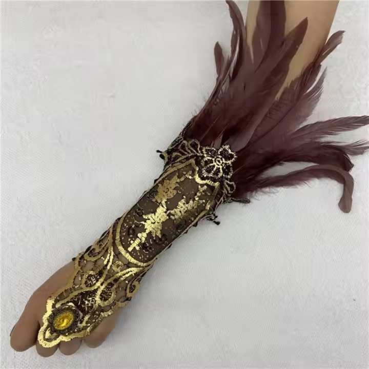 Guantes de plumas de bruja para Halloween, guantes góticos Retro de encaje de plumas para mujer, bordado, puños de plumas para Halloween y Festival - 1