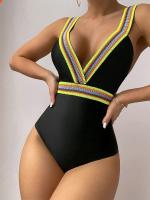 Bañador de una pieza para mujer, liso para vacaciones de verano traje de baño, ropa de playa con realce, 2023 - details 3