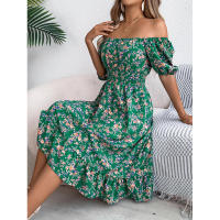 Primavera Verano 2025 Europeo y Americano Floral Cuello Cuadrado Manga Corta Cintura con Volantes Falda Línea A - details 30