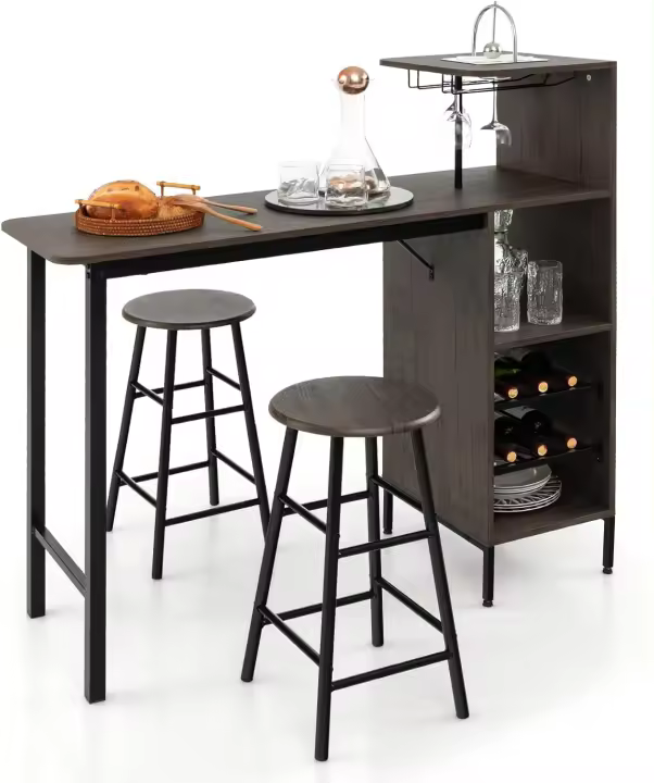 Juego de comedor con 2 taburetes de bar, barra de cocina con 2 sillas altas, mesa de bar con escalones abiertos, botellero para copas de vino, para cocina, salón y bar (marrón) - 1