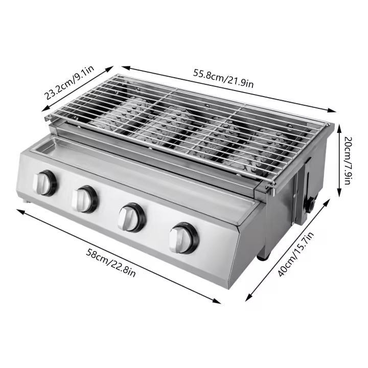 Parrilla de gas para barbacoa de 4 quemadores de acero inoxidable, plancha de gas LPG, parrilla de mesa para picnic de 58 x 40 x 20 cm - 1