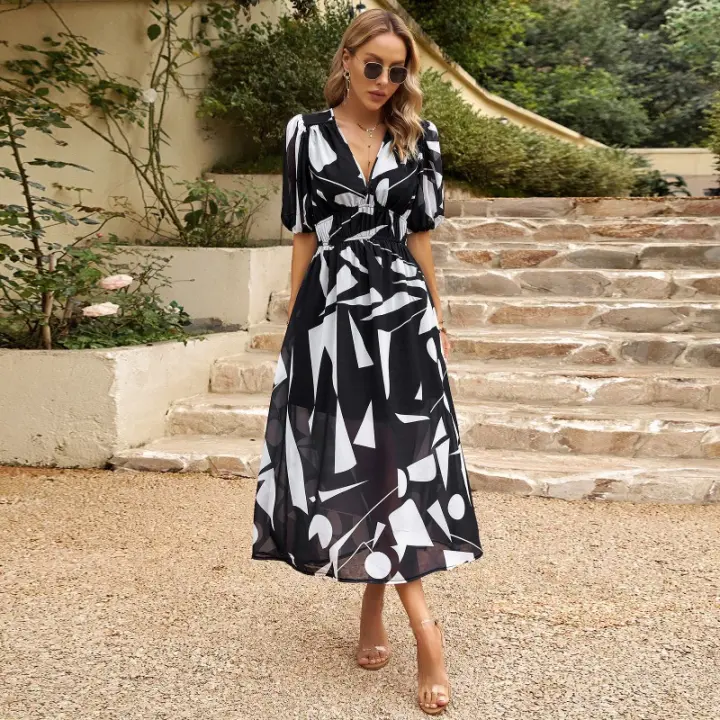 Diseño vestido europeo y americano 2025 verano temperamento cintura vestido estampado con cuello en V - 1