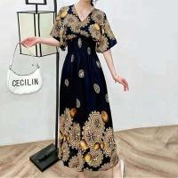 Casual bohemio estilo nacional con cuello en V cintura elástica gran Swing impreso verano Falda larga mujer vestido ropa - details 40