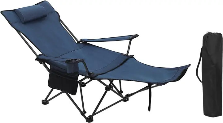 Silla Camping Plegable, Tumbona Camping Portátil con Portavasos, Reposacabezas y Bolsa Lateral, Marco de Acero, Carga Máxima 150 kg, para Picnic, Playa, Jardín, Pesca, Azul - 1