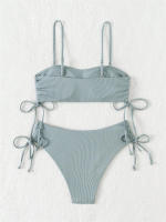 Bikini negro liso para mujer, traje de baño de dos piezas con Tanga de cintura alta y ribetes, 2024 - details 21