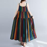 Vestido de Lino de Algodón a Rayas de Color Bloque Falda A-Línea de Moda de Verano con Cintura Suelta y sin Correas Vestido Largo Artístico para Mujeres - details 7