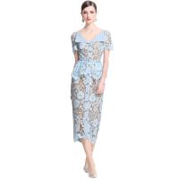 Calidad verano con cuentas Dias bordado Beige blanco encaje vestido de noche mujeres manga corta volante Peplum Midi vestidos de graduación largos - details 3