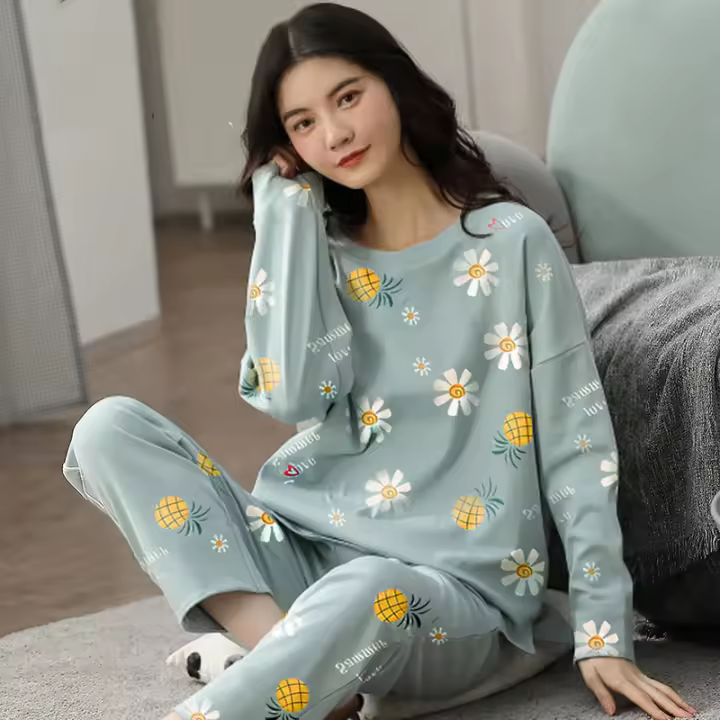 Nuevo Conjunto De Pijamas Para Mujer Con Estilo De Primavera Y Otoño Manga Larga Talla Grande Pijama De Invierno De Poliéster - 1