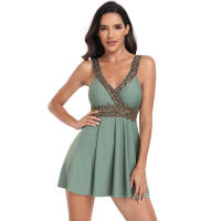 Traje de baño de dos piezas para mujer, bañador de color liso con pantalones de seguridad y falda, talla grande, 2024 - details 4