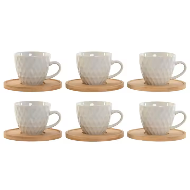 Elegante Juego de Tazas de Porcelana con Plato de Bambú 6 Piezas, 90ml, Ideal para Café Expreso, Té o Infusiones Pequeñas Caja Hecha a Mano - 1