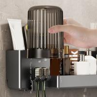 Soporte de plástico para cepillos de dientes, soporte para vasos de enjuague bucal de gran capacidad montado en la pared con tazas, estante de almacenamiento para inodoro que ahorra espacio para el hogar - details 2