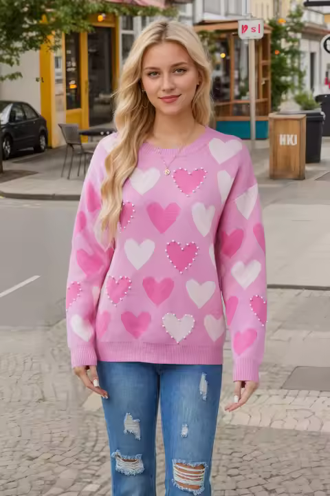 Suéter de punto para el día de San Valentín para mujer - Jersey de manga larga con cuello redondo y diseño de perlas y corazones, prendas de punto informales y acogedoras para invierno - 1