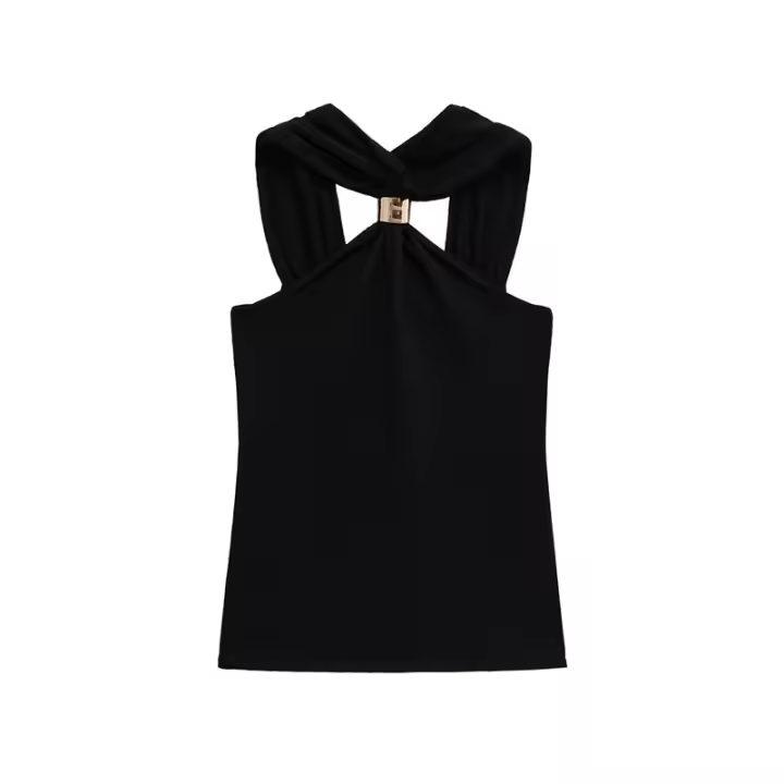 Camiseta Sin Mangas de Punto para Mujer OUWU Top Corto Ajustado Elástico con Detalle de Metal Sin Mangas y Espalda Descubierta - 1
