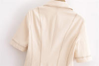 Elegante Vestido Plisado a Rayas para Mujer Minivestido de Manga Corta Beige Moda de Verano y Otoño - details 8