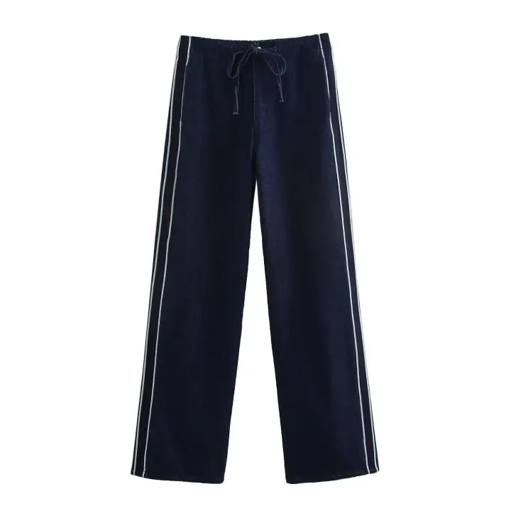 Estilo nuevo Ropa de mujer Chaqueta vaquera a rayas con patchwork Jeans decorados con cinturón lateral - 1