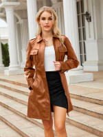 Gabardina cortavientos de piel sintética para mujer, chaquetas con cinturón, abrigo largo medio - details 21