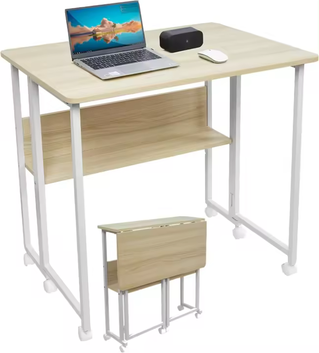 Mesa Escritorio Plegable con Ruedas y Almacenamiento, Mesa Plegable de Pequeño Espacio para Estudio, Oficina en Casa, Computadora Manualidades, Marrón y Negro - 1