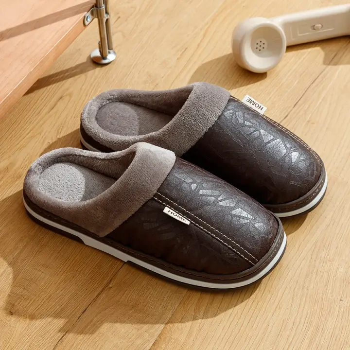 Zapatillas de cuero PU para hombre, zapatos planos de piel impermeables para interiores, Zapatillas de casa de invierno, zapatos de dormitorio de algodón - 1