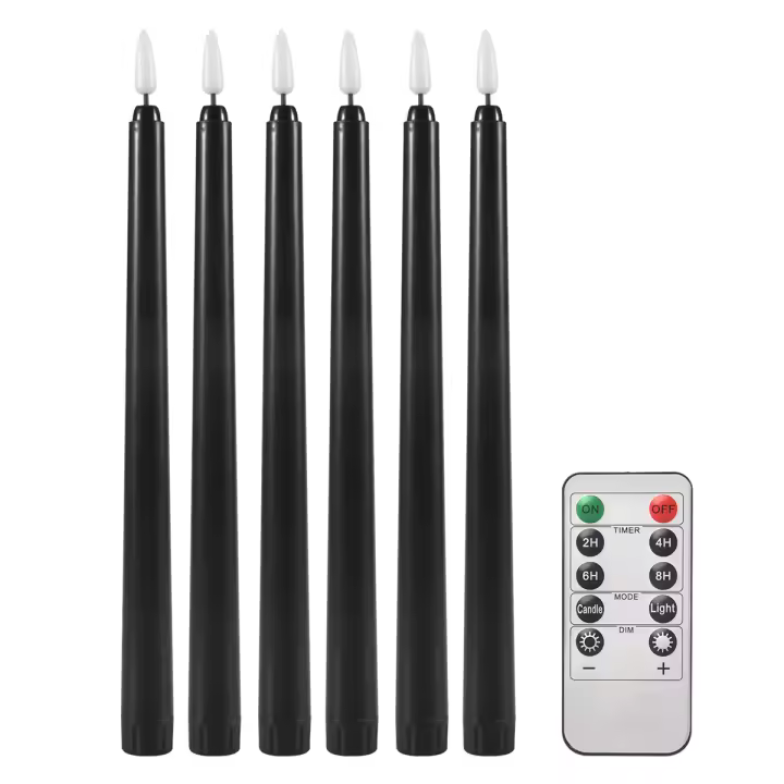 Velas cónicas negras sin llama parpadeantes con temporizador remoto de 10 teclas, candelabros LED con pilas, velas para ventana, 6 uds. - 1