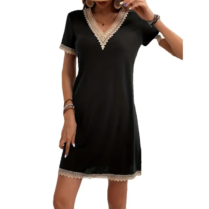Vestido A-Línea de Jersey de Manga Corta Estilo Encaje Francés de Verano Moda Femenina - 1