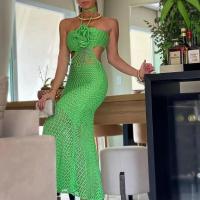 Vestido Halter de Punto para Mujer Ajustado, con Cortes en Tira, Sin Mangas, Transparente, Flor 3D - details 1